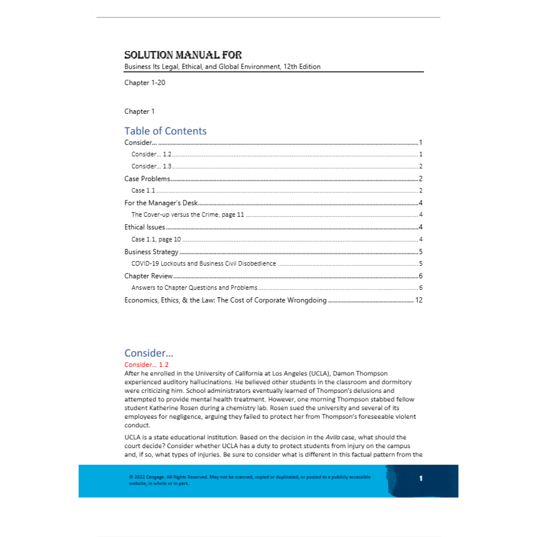 Solution Manual For Business Its Legal, Ethical, and Global Environment 12th Edition By Jennings