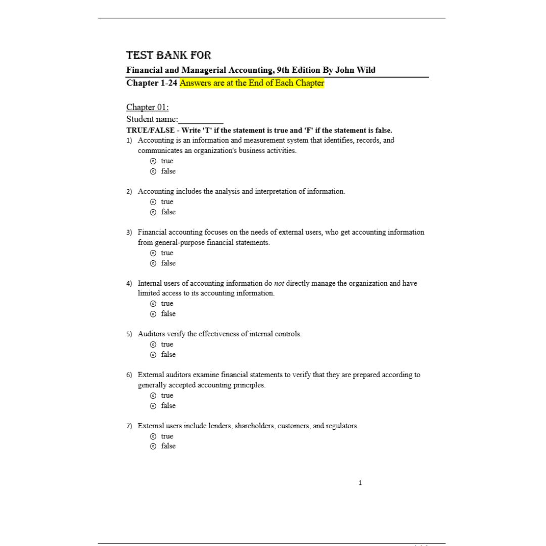 Solution Manual For Financial and Managerial Accounting 9th Edition By John J. Wild